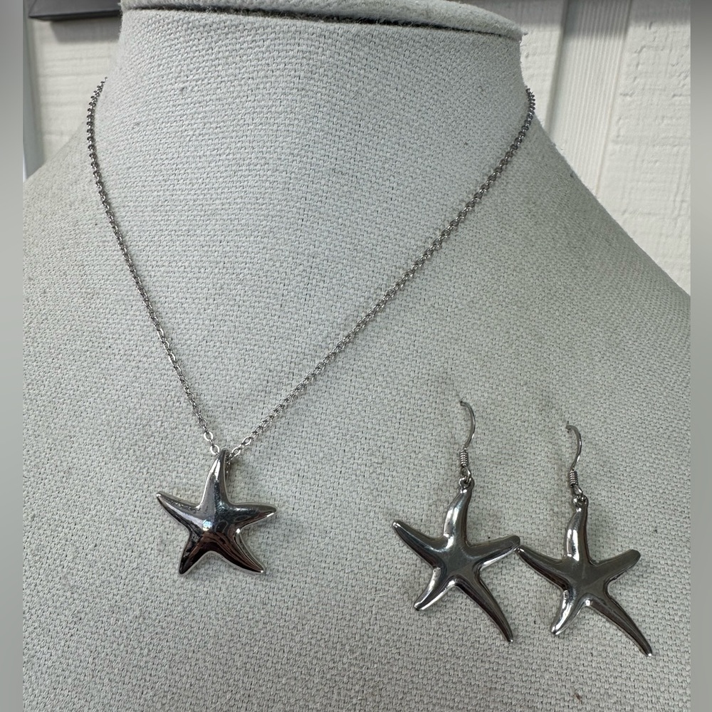 Abstract silvertone starfish necklace and earrings set
